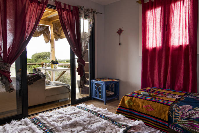 Magic on Stilts cabin double bedroom with view, Magic Ranch, El Palmar, Cádiz, Spain