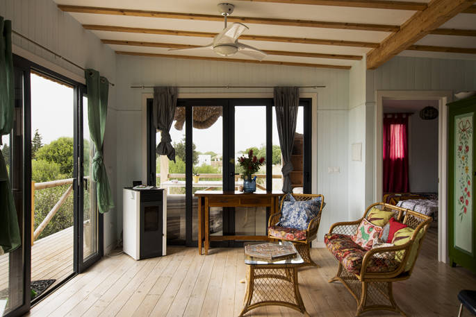 Magic on Stilts cabin living room with view, Magic Ranch, El Palmar, Cádiz, Spain